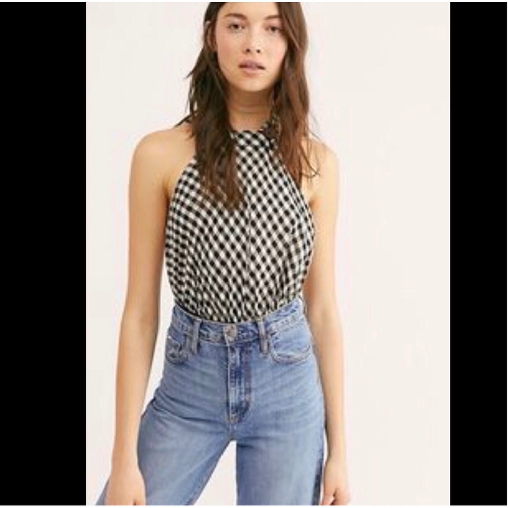 Free People Gingham Halter Bodysuit Women Small Black White NWT Linen Blend